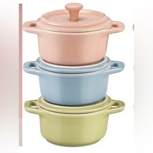 3 Staub Mini Cocottes Ramekin w Lids Pastel Pink Blue Green NIB ceramic bakeware